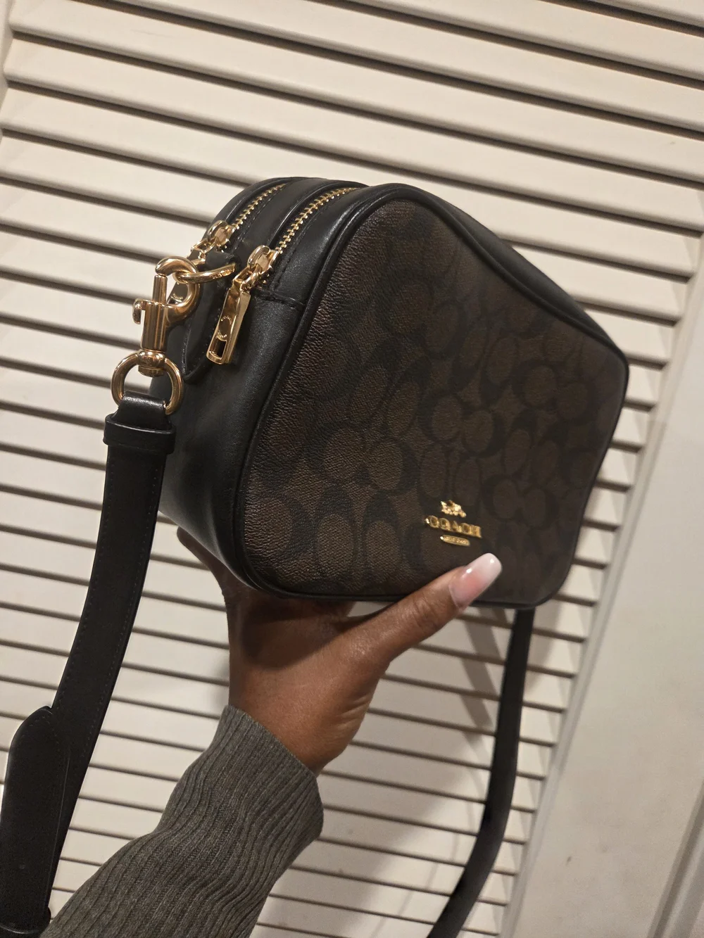 Coach Dark Brown Signature Canvas Crossbody with Gold Hardware